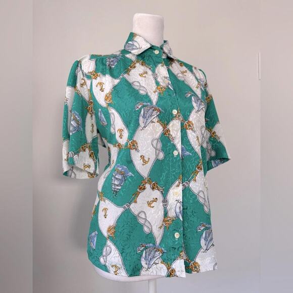 Vintage ‘80s All Hours Sailboat & Anchor Print Short Sleeve Collared Blouse - Picture 5 of 10